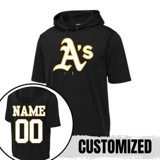 Topeka Athletics baseball custom black short sleeve hooded pullover with classic A’s logo and optional player name and number on the back for Topeka Athletics baseball fans