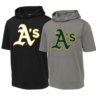 Topeka Athletics baseball short sleeve hooded pullover featuring classic A’s logo on black and grey athletic hoodie for Topeka Athletics baseball fans