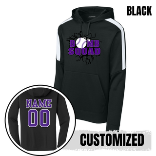 Bomb Squad Purple Softball Logo Fan Favorite Colorblock Hoodie in Black, with optional back name and number