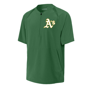 Topeka Athletics baseball short sleeve performance quarter zip pullover featuring classic A’s logo on green athletic training top for Topeka Athletics baseball players and fans