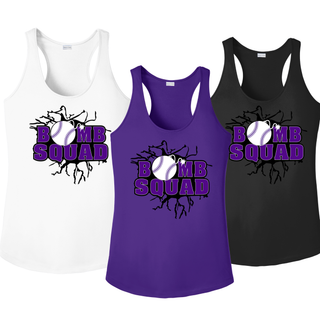 Bomb Squad Purple Softball Logo Women's PosiCharge Racerback Tank in White, Purple, and Black