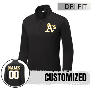 Topeka Athletics baseball custom black dri fit performance quarter zip top with classic A’s logo and optional player name and number on the back for Topeka Athletics baseball fans
