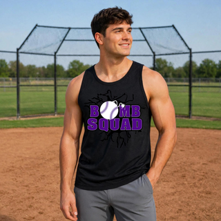 Bomb Squad Purple Softball Logo Men's PosiCharge Competitor Tank in Black, on-model