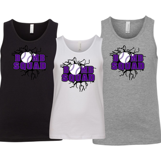 Bomb Squad Purple Softball Logo Youth Jersey Tank in Black, White, and Athletic Heather Grey