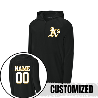 Topeka Athletics baseball custom black long sleeve performance hooded quarter zip with classic A’s logo and optional player name and number on the back for Topeka Athletics baseball fans