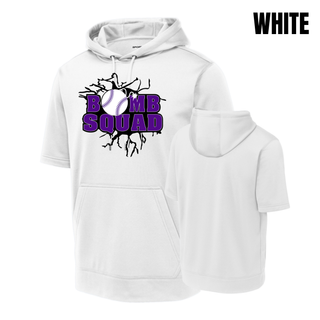 Bomb Squad Purple Softball Logo Fleece Short Sleeve Hooded Pullover in White, front and back