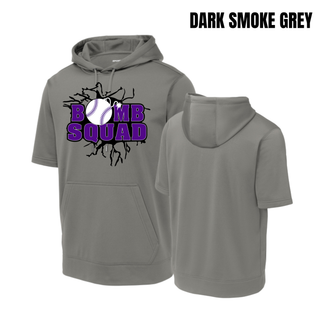 Bomb Squad Purple Softball Logo Fleece Short Sleeve Hooded Pullover in Dark Smoke Grey, front and back