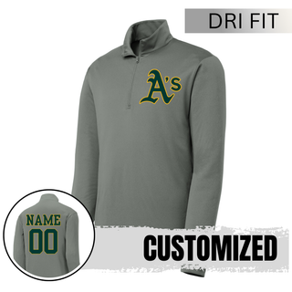 Topeka Athletics baseball custom grey dri fit performance quarter zip top with classic A’s logo and optional player name and number on the back for Topeka Athletics baseball fans