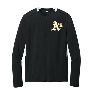 Topeka Athletics baseball long sleeve performance quarter zip pullover featuring classic A’s logo on black athletic training top for Topeka Athletics baseball players and fans