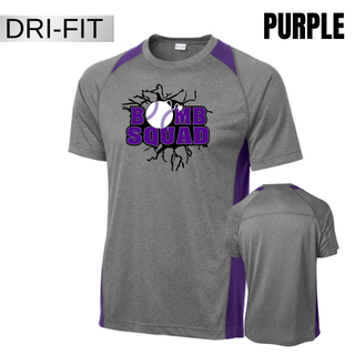 Bomb Squad Purple Softball Logo Colorblock Contender Top in Grey heather with Black colorblock accents, front and back