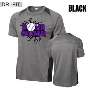 Bomb Squad Purple Softball Logo Colorblock Contender Top in Grey heather with Purple colorblock accents, front and back