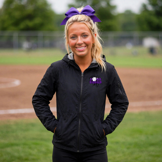 Bomb Squad Purple Softball Logo Waterproof Insulated Jacket in Black, front and back flat lay