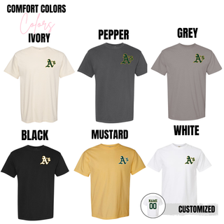 Topeka Athletics Baseball pocket logo top Comfort Colors color options including ivory, pepper, grey, black, mustard, and white