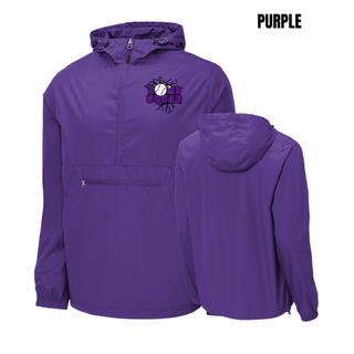 Bomb Squad Purple Softball Logo Packable Anorak Jacket in Purple, front and back
