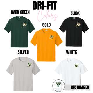 Topeka Athletics Baseball pocket logo dri fit performance top color options including dark green, black, gold, silver, and white with optional player name and number customization on the back