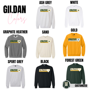 Topeka Athletics Baseball Home Plate Script Logo Top Gildan crewneck sweatshirt color options including ash grey white graphite heather sand black gold sport grey and forest green