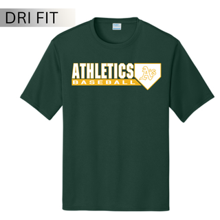 Topeka Athletics Baseball Home Plate Logo Dri Fit Performance Top dark green moisture wicking athletic shirt with Athletics Baseball home plate logo graphic