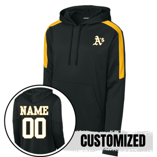 Black Topeka Athletics Baseball fan favorite hoodie with gold shoulder panels, pocket logo on front, and optional player name and number on the back