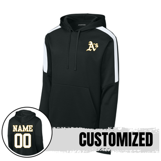 Black Topeka Athletics Baseball fan favorite hoodie with white shoulder panels and pocket A’s logo on the chest