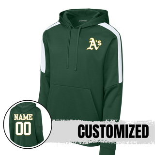 Forest green Topeka Athletics Baseball fan favorite hoodie with white shoulder panels, pocket A’s logo, and optional player name and number on the back