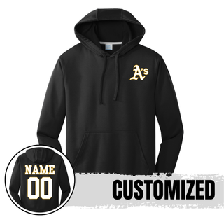 Black Topeka Athletics Baseball performance hoodie with pocket logo and optional player name and number customization on back