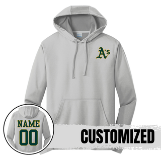 Silver Topeka Athletics Baseball performance hoodie with pocket logo and optional player name and number customization on back