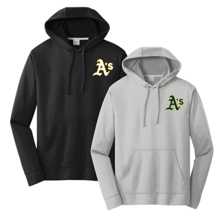 Topeka Athletics Baseball pocket logo performance hoodie shown in black and silver with left chest A’s logo