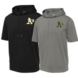 Topeka Athletics Baseball pocket logo short sleeve hooded pullover shown in black and grey with A’s logo on left chest