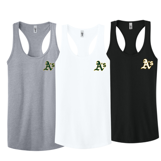 Topeka Athletics Baseball women’s racerback tank with pocket logo shown in heather grey, white, and black