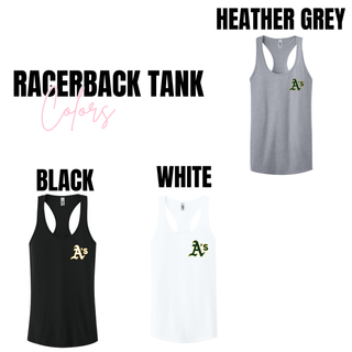 Topeka Athletics Baseball pocket logo women’s racerback tank color options in heather grey, black, and white
