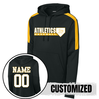 Topeka Athletics Baseball Home Plate Logo Fan Favorite Hoodie black with gold shoulder stripe and optional custom name and number on back