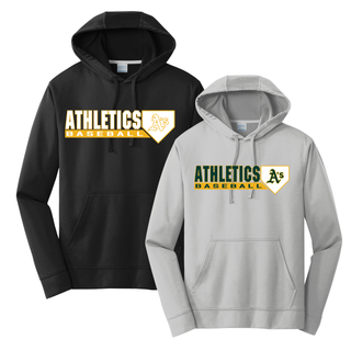 Topeka Athletics Baseball Home Plate Logo Performance Hoodie black and silver moisture wicking athletic hoodie with Athletics Baseball home plate logo