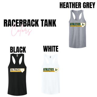 Topeka Athletics Baseball Home Plate Logo Racerback Tank color options including heather grey black and white racerback tanks with Athletics Baseball logo