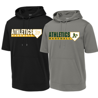 Topeka Athletics Baseball short sleeve hooded pullover hoodie in black and grey featuring home plate A’s logo and Athletics Baseball graphic