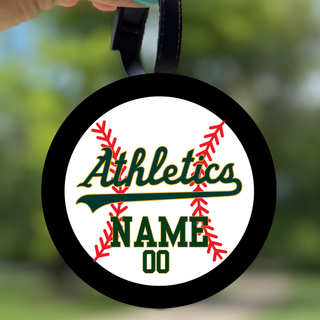 Topeka Athletics Baseball personalized bag tag with Athletics script logo, custom player name and number on baseball design with black border
