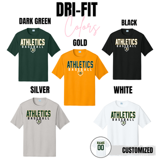 Topeka Athletics Baseball Dugout Dri Fit Performance Top color options including dark green, gold, black, silver, and white with optional player name and number customization on back