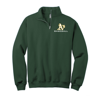 Topeka A’s Baseball quarter zip cadet collar pullover top in forest green featuring A’s Baseball chest graphic for team spirit wear.