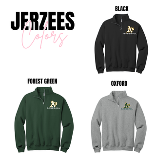 Topeka A’s Baseball quarter zip cadet collar pullover top available in black, forest green, and oxford grey with A’s Baseball chest graphic for team apparel.