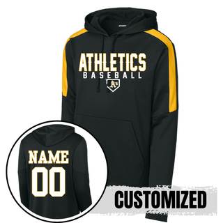 Topeka Athletics Baseball Dugout Fan Favorite Hoodie in black with gold shoulder panels, Athletics Baseball front graphic, and optional player name and number on back