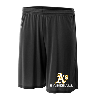 Topeka A’s Baseball Dugout performance shorts in black featuring A’s Baseball logo graphic for team practice and athletic wear.