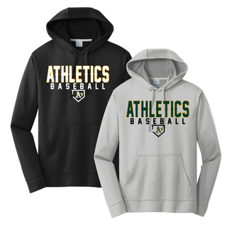 Topeka Athletics Baseball Dugout Performance Hoodie shown in black and grey featuring Athletics Baseball front graphic with A’s home plate logo