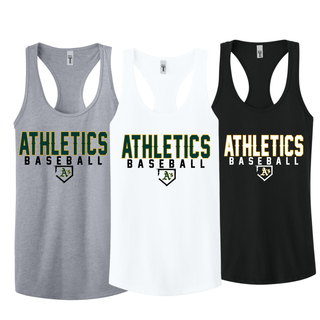 Topeka Athletics Baseball Dugout Women's racerback tank featuring Athletics Baseball lettering with the A’s home plate logo shown on heather grey, white, and black racerback tanks.