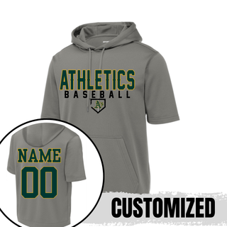 Grey Topeka Athletics Baseball Dugout short sleeve hooded pullover featuring Athletics Baseball lettering with the A’s home plate logo and optional custom name and number on the back.