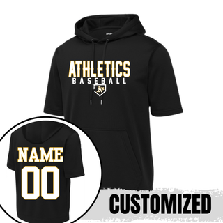 Black Topeka Athletics Baseball Dugout short sleeve hooded pullover featuring Athletics Baseball lettering with the A’s home plate logo and optional custom name and number on the back.