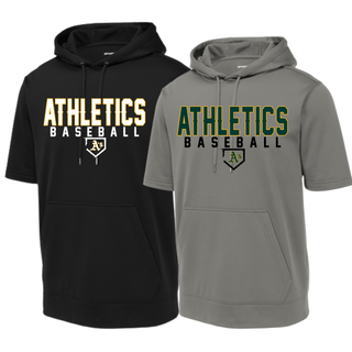 Topeka Athletics Baseball Dugout short sleeve hooded pullover featuring Athletics Baseball lettering with the A’s home plate logo shown in black and grey performance hooded pullovers.