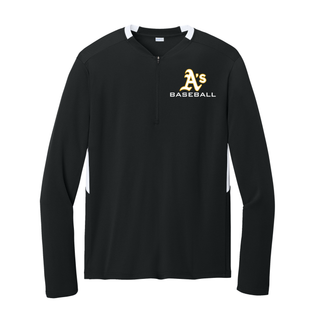 Topeka A’s Baseball Dugout long sleeve performance quarter zip featuring the A’s Baseball chest logo on a black athletic quarter zip performance pullover.