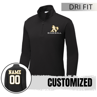 Black Topeka A’s Baseball Dugout Dri Fit performance quarter zip top with A’s Baseball chest logo and optional custom name and number on the back.