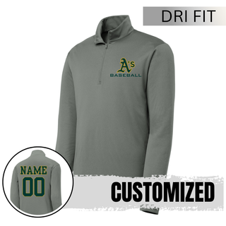 Grey Topeka A’s Baseball Dugout Dri Fit performance quarter zip top featuring the A’s Baseball chest logo with optional custom name and number on the back.