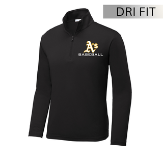 Topeka A’s Baseball Dugout Dri Fit performance quarter zip top featuring the A’s Baseball chest logo on a black moisture wicking athletic pullover.