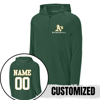 Green Topeka A’s Baseball Dugout long sleeve performance hooded quarter zip featuring the A’s Baseball chest logo with optional custom name and number on the back.